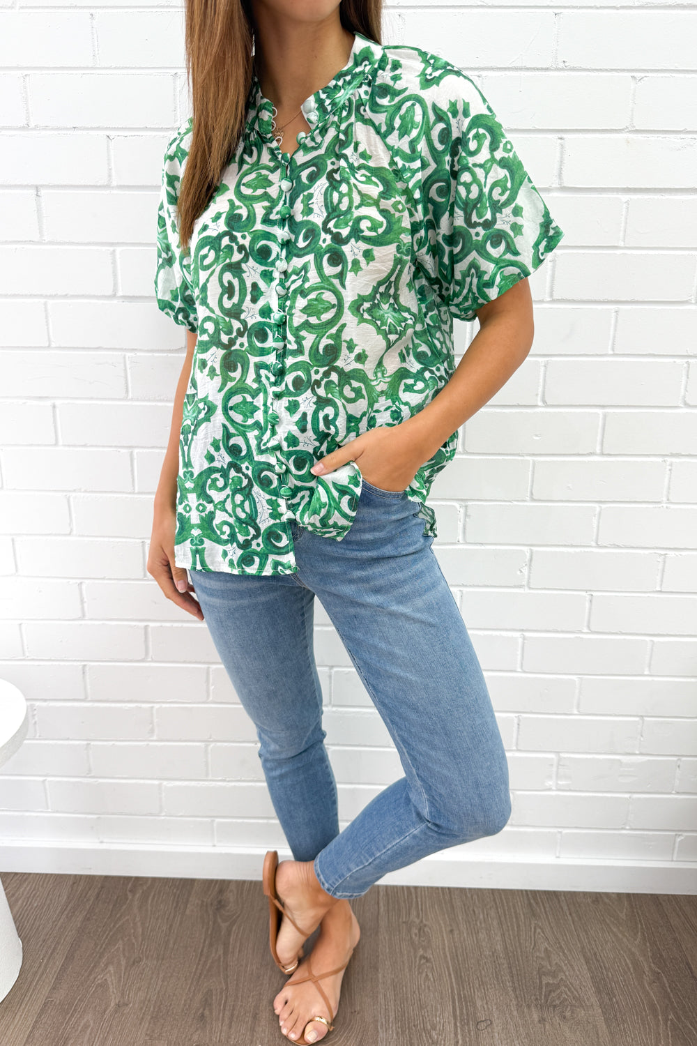 Ivy Blouse - Green White Tile