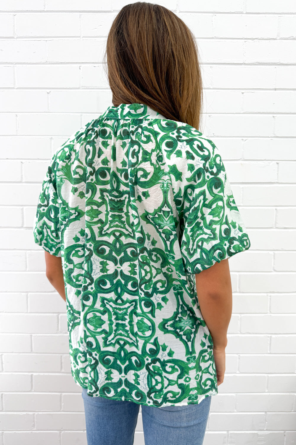 Ivy Blouse - Green White Tile