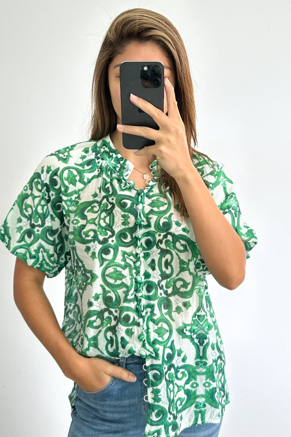 Ivy Blouse - Green White Tile