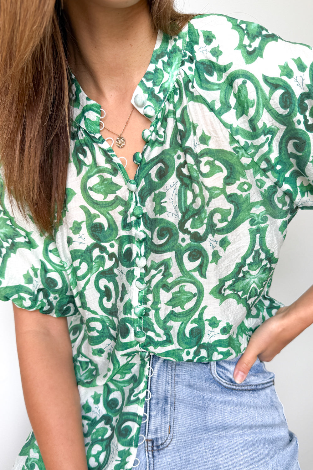 Ivy Blouse - Green White Tile