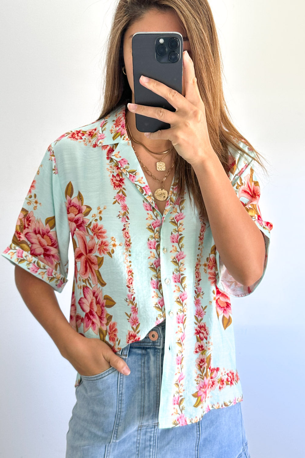 Marbella Tile Shirt - Blue Blush Floral